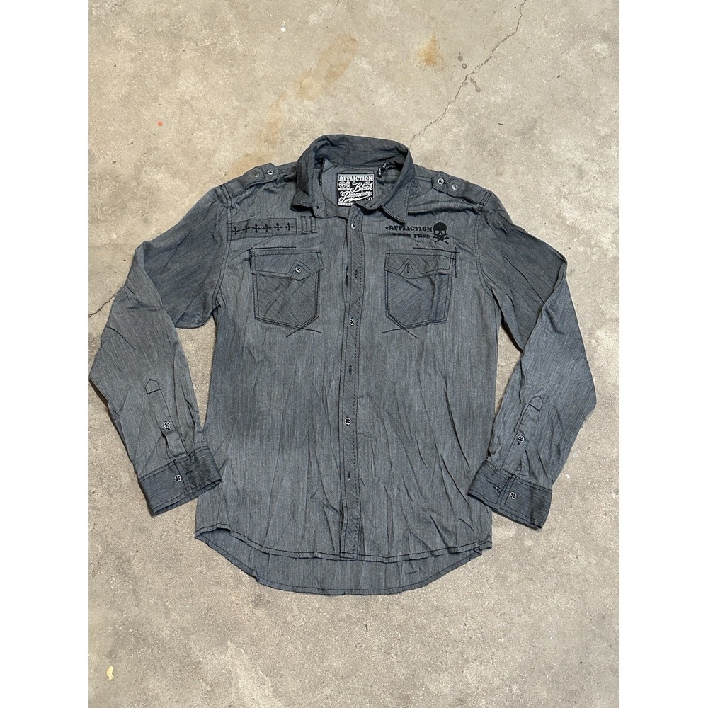 Affliction Black‎ Premium Long Sleeve Shirt Mens XL Gray Athletic Fit Grunge Y2K